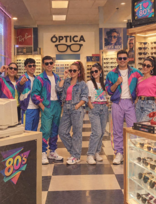 Restaurante representado con una estética publicitaria inspirada en los años 80