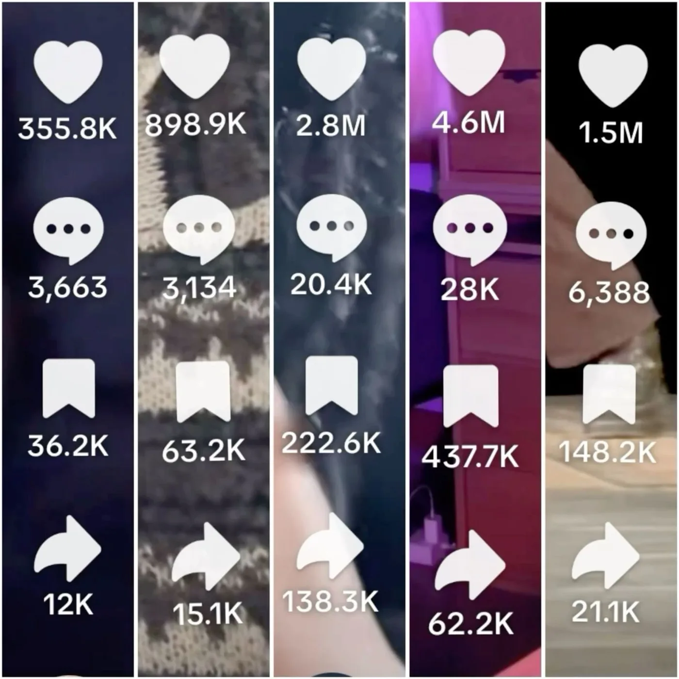 Contadores de likes, comentarios, guardados y compartidos en videos de redes sociales